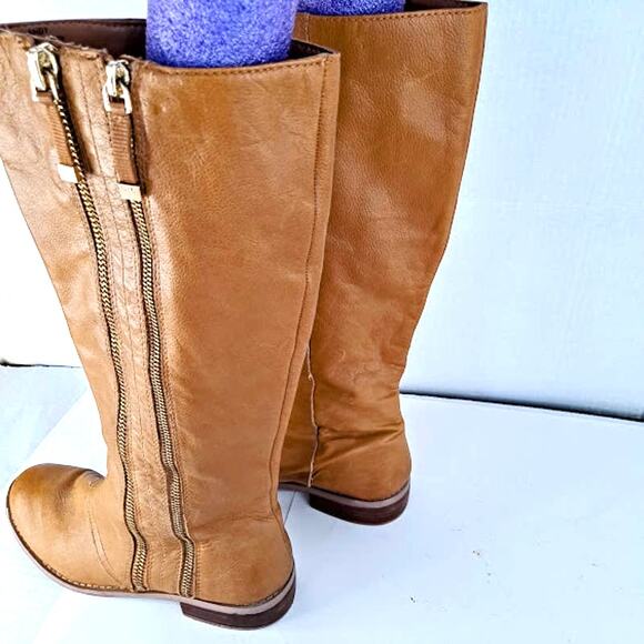 Vintage Tahari Knee Boot 9M Andy Leather Double Zipper Tall Caramel Brown - Picture 2 of 14